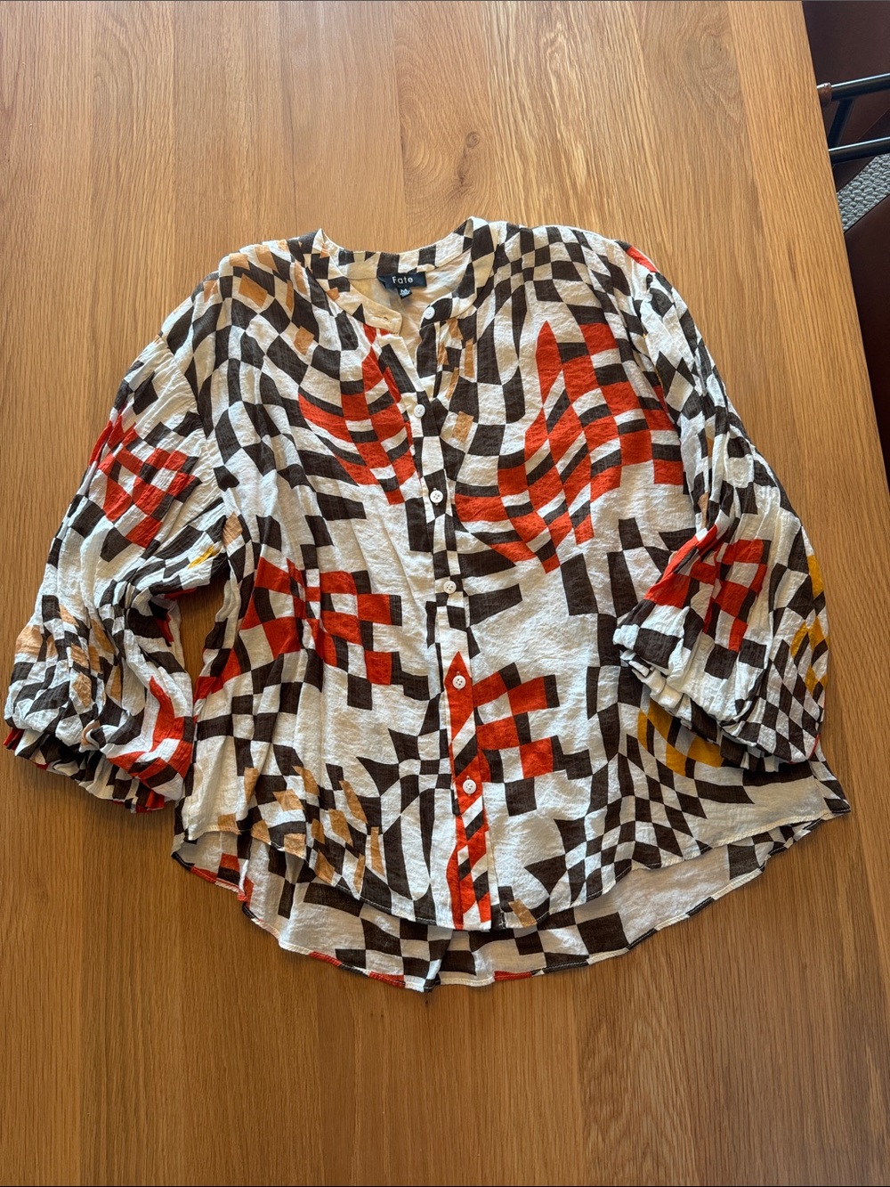 Fate Geometric Button-Front Top in Cream, Black & Red